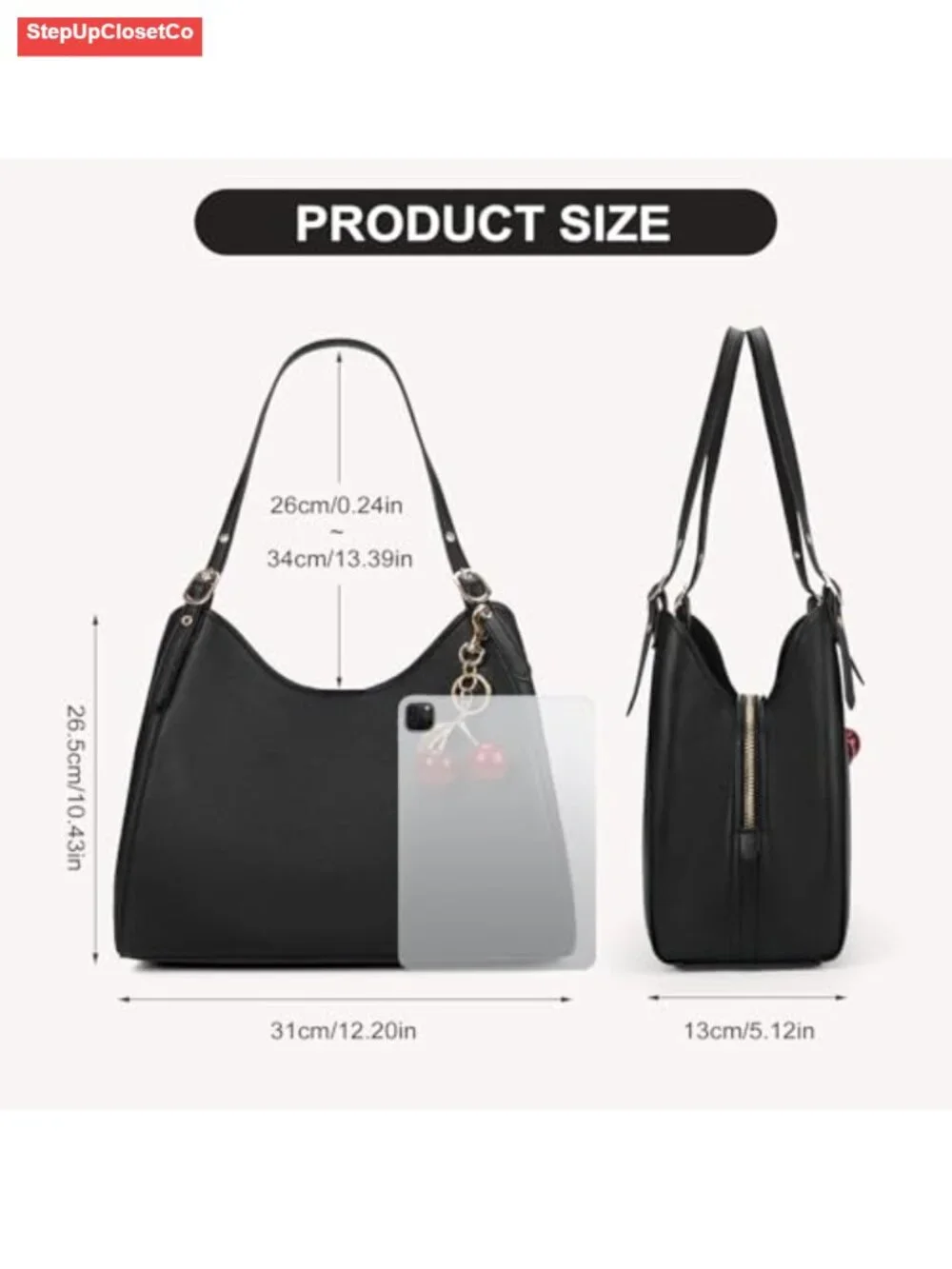 Faux Leather Slouchy Hobo Bag with Cherry Charm Tote for Women